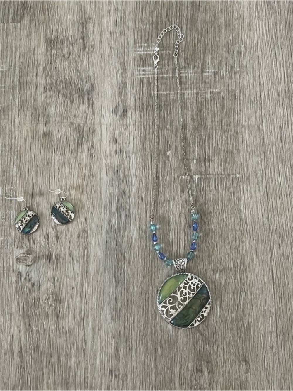 Green & Blue Abalone Shell Statement Necklace & Matching Drop Earrings Set
